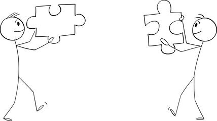 Persons or Businessmen Solving Puzzle Together, Vector Cartoon Stick Figure Illustration - 703265208
