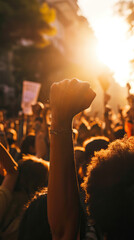  A Crowd of Protesters Raises Fists in the Air, Standing Firm in the Fight for Their Rights. The Sunlight Effect Illuminates the Spirit of Revolution and Protest, Voices United. - obrazy, fototapety, plakaty