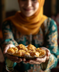 Smiling muslim woman with ramadan pastries