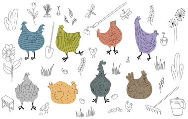 Set of hand drawn doodle hen, rooster, chicken, hen, egg, garden tools.