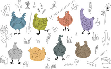 Set of hand drawn doodle hen, rooster, chicken, hen, egg, garden tools.