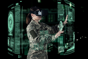 Military Think Tank, AI technology in the army. Warfare analytic operator checking coordination of...