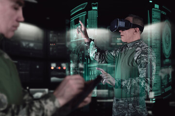 Military Think Tank, AI technology in the army. Warfare analytic operator checking coordination of...