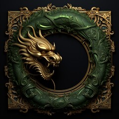 Green Wooden Dragon year border flat style on black background Generative AI 