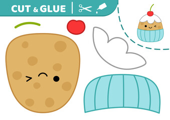 Cupcake with cherry. Squishmallow. Cut and glue. Applique. Paper game. Cupcake. Kawaii vector
