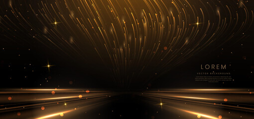 Elegant golden curved lines glowing with lighting effect sparkle on black background. Template premium award design.