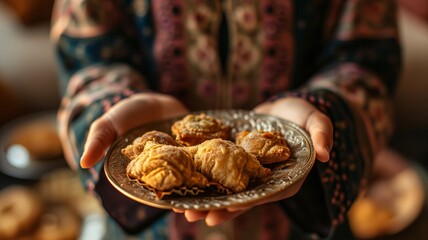 Muslim woman holding plate with Ramadan sweets