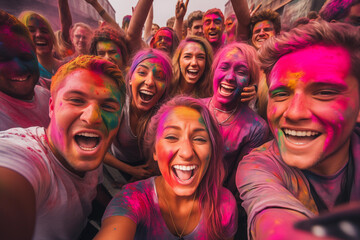 Cheerful people at the festival of colors Holi, generative AI - obrazy, fototapety, plakaty