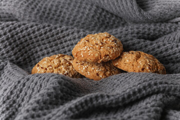 Cereal cookies on gray fabric blanket