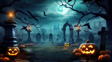 Halloween Scene - Party Of Pumpkins And Zombies In Graveyard At Moonlight