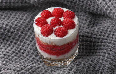 Homemade layered Desserts in a glass cups with yogurt and raspberries on gray fabric blanket