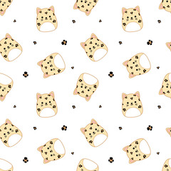 Cute leopards on seamless pattern. Squishmallow. Background with leopards. Kawaii, vector
