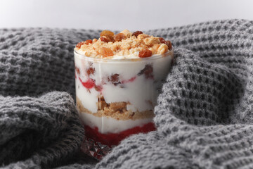 Homemade layered Dessert in a glass cup with yogurt, jam and cookie on gray fabric blanket
