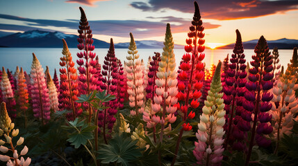 Field Of Colorful lupin Flowers With a Gorgeous Sunset in the Background - obrazy, fototapety, plakaty
