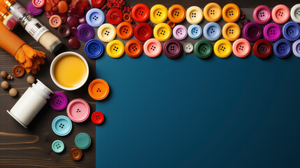 Assorted Buttons,Different Types and Colors. on blue background. copy space.