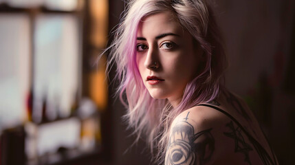Fototapeta premium portrait of tattooed girl dark backdrop