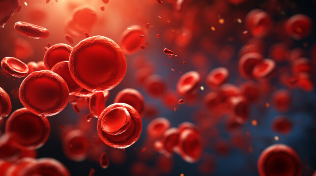 Red blood cells or erythrocytes and platelet flowing in blood vessle. Hematology medicine, anemia and leukemia diseases, hemoglobin blood cells deficiency concept. Generative AI.