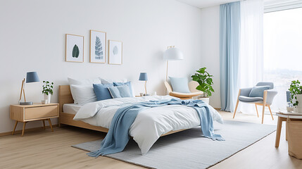 Simple and cozy bedroom with blue accents