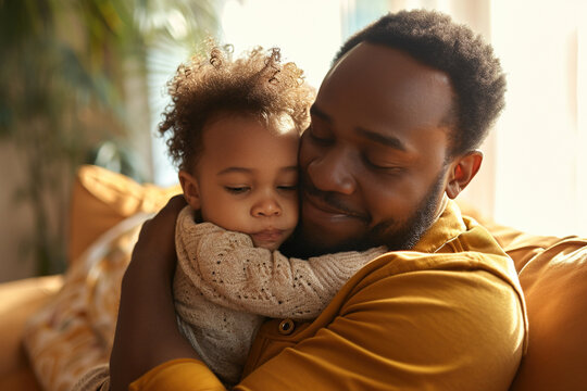 Father's day family holiday unconditional love concept. Adorable child hugging and embracing mom, Portrait of happy African American mommy and her child kid bonding together at home