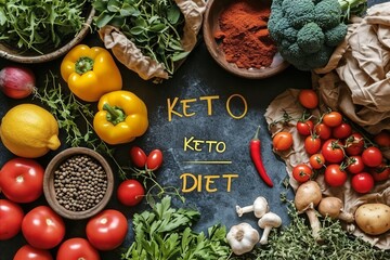 Delicious and nutritious keto diet cookbook with colorful assortment of fresh vegetables on table
