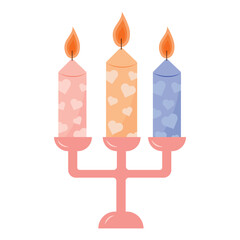Three candles in a candlestick, candles with hearts, romantic setting. Vector illustration of candelabra on a white background.