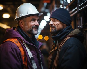 Two construction workers wearing hardhats working diligently on a nighttime construction site with dedication and focus, construction image