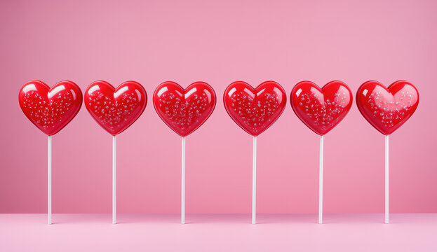 Piruletas rojas con forma de corazon y palito blanco sobre fondo rosa. Concepto San Valentin