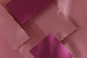 Obraz premium Set of pink floating blank card sheets with shadow on pink background. Minimalism business brand template, creative layout