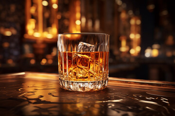 Alcohol drinks and beverages concept. Product commercial image of whiskey drink in transparent glass with ice cubes placed on table and illuminated with soft light