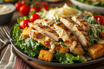 Closed up of  caesar salad with fresh lettuce, grilled chicken slices, cherry tomatoes, croutons, and Parmesan cheese. Food photography, healthy and wellness, Generative AI - obrazy, fototapety, plakaty