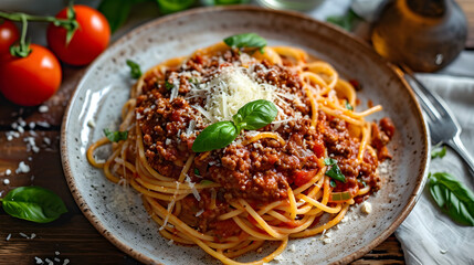 Spaghetti Bolognese topped with juicy red sauce made with ground beef, tomatoes, and herbs. Topped with grated Parmesan cheese and fresh basil, Generative AI - obrazy, fototapety, plakaty