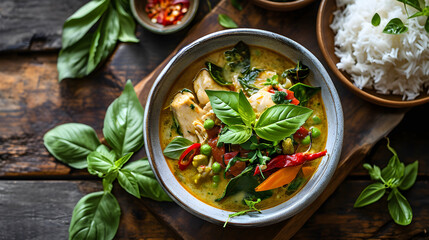 Overhead shot of a bowl of Thai chicken green curry with vegetables, and aromatic herbs. Served with jasmine rice, and garnished with fresh basil leaves, created with Generative AI