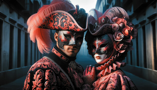 Fototapeta Elegant couple with typical glamorous masks for a masquerade ball. Couple with carnival dresses and masks on the streets of Venice