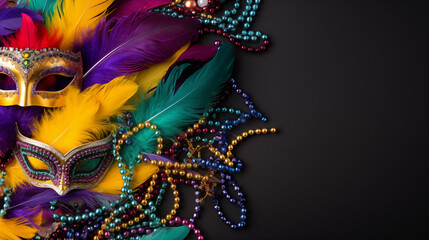 Colourful mardi gras beads, feathers and carnival masks on multi single colored background with copy space top view copy space in background, Ai generated image