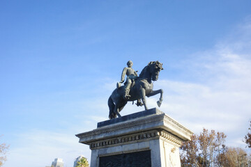 Equestrian statue in a park of Barcelona, Spain
