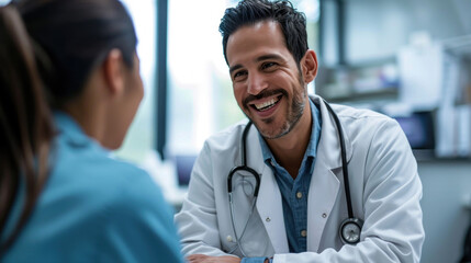 A smiling mid adult male doctor listens as a female patient discusses her health - obrazy, fototapety, plakaty