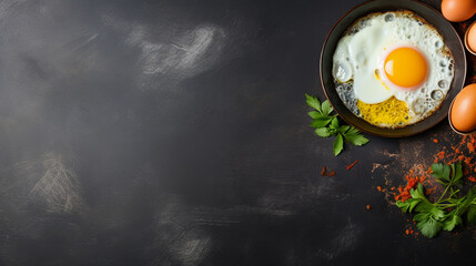 Fried egg. Close up view of the fried egg on a frying pan. Salted and spiced fried egg with parsley on cast iron pan and black background. - obrazy, fototapety, plakaty