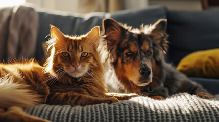 Fototapeta na wymiar Cat and dog outside in living room