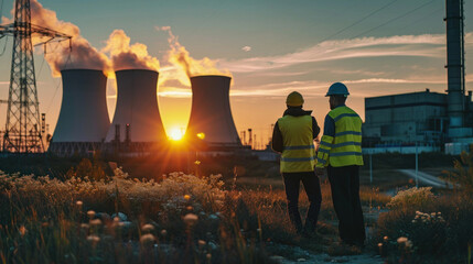 Group engineer meeting at outside nuclear power plant background