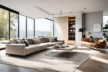 Contemporary Comfort: Modern Living Room with Stylish Sofa - Chic Design, Neutral Tones, and Comfortable Seating | Inviting Space for Relaxation and Socializing | Aesthetic and Functional Living Room 