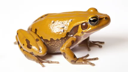 Foto op Canvas A yellow frog sitting on top of a white surface. © tilialucida