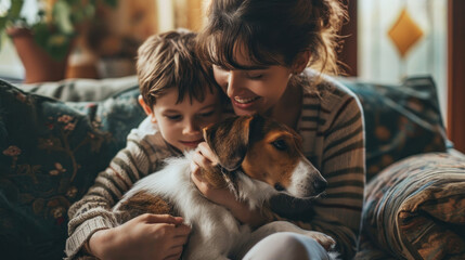 Happy mother and son at home petting their dog - obrazy, fototapety, plakaty