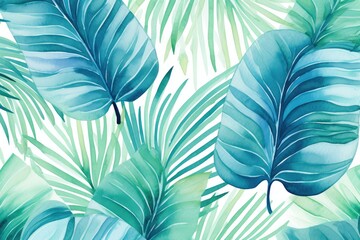 Watercolor Tropical Leaves in Lush Shades of Blue and Green. Generative AI"