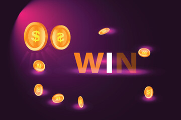 Win congratulations in frame illustration for casino or online games Explosion coins on purple lighting