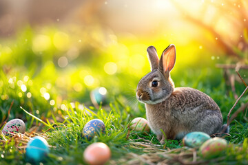 Fototapeta na wymiar Cute Easter fluffy bunny rabbit sitting green grass surrounded by colorful easter eggs on green garden nature with flowers background on warming spring day. Symbol of easter day festival celebration
