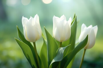 Three white tulips in a vase on a window sill.