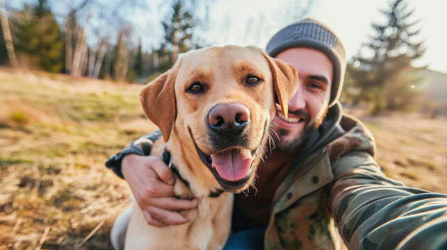 man is playing with a dog and do selfie