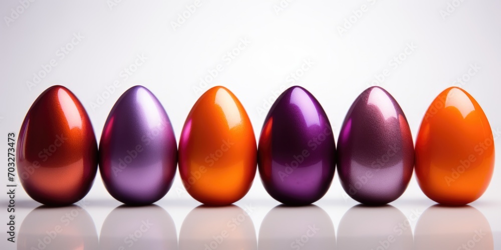 Poster a row of shiny colored eggs in a row.