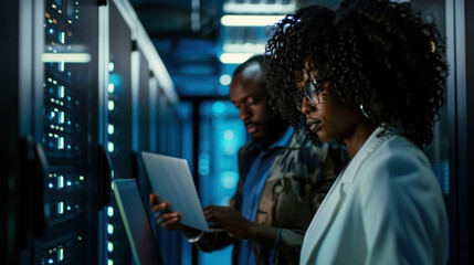 black woman and man using a laptop while working in a server room