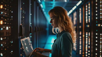 a young woman using a laptop while working in a server room